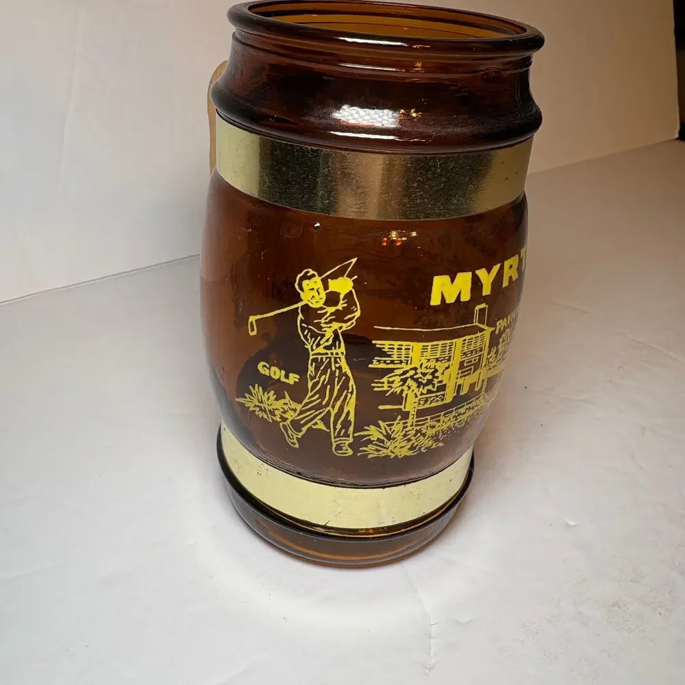 Vintage Myrtle Beach South Carolina Golf Souvenir Brown Glass Barrel Mug Wood